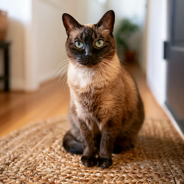 Brown Suphalak cat sitting upright on a woven rug indoors, facing the camera.