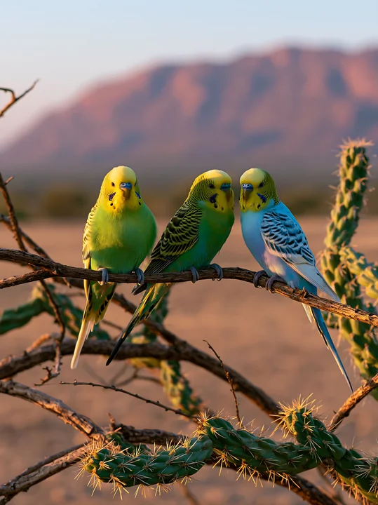 Budgerigar flock in desert landscape gathers on branches of a cactus under soft sunlight.