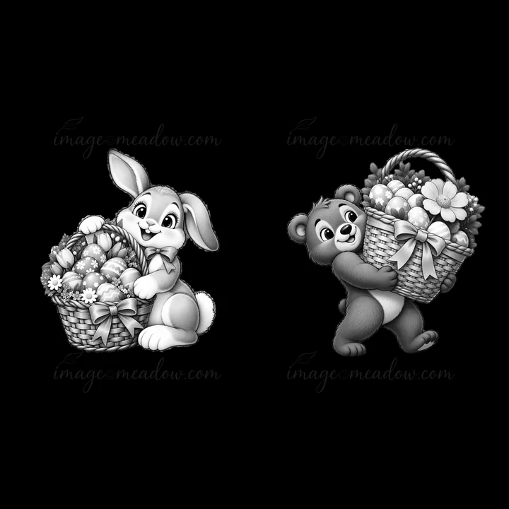 A bunny and a bear hold baskets filled with Easter eggs and flowers. The bunny looks cheerful while the bear has a playful stance. Both characters are monochrom