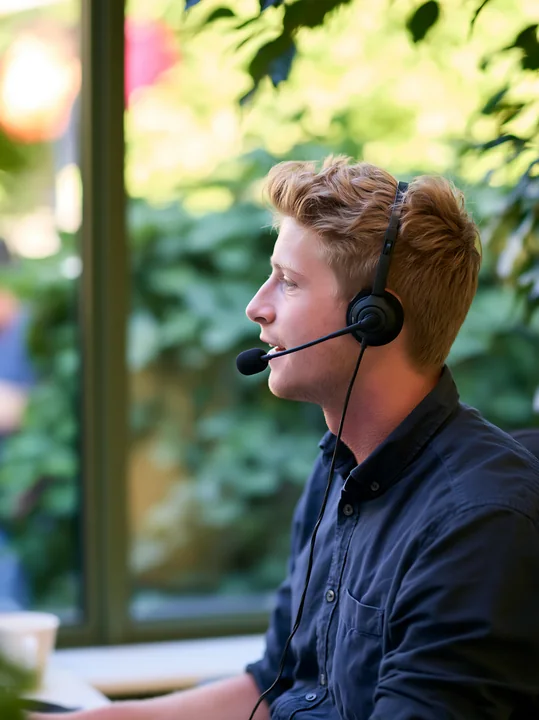 Businessman wearing a headset speaks into a microphone beside a bright window.