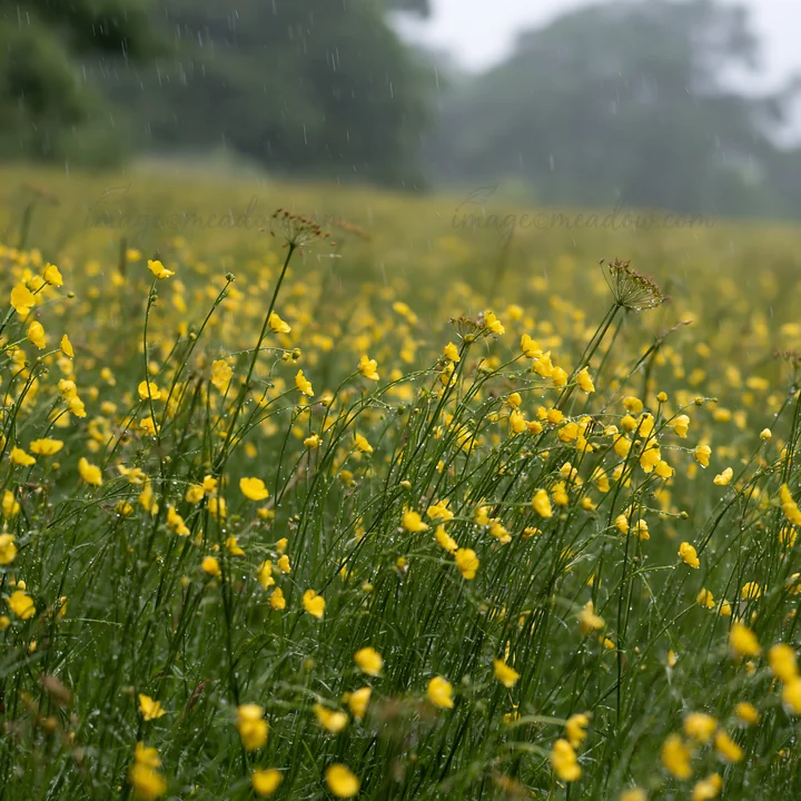 A field filled with bright yellow buttercup flowers is shown under gentle rain. The grass sways slightly as the rain falls. The backdrop features trees shrouded
