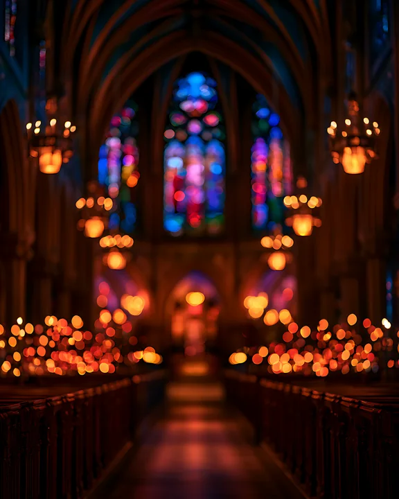 Candles flicker in a church, creating a warm light in a space filled with stained glass.