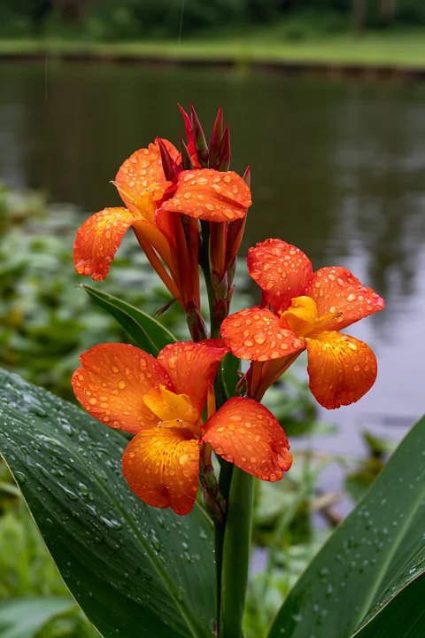 Canna lily flowers with water droplets stand near a pond.