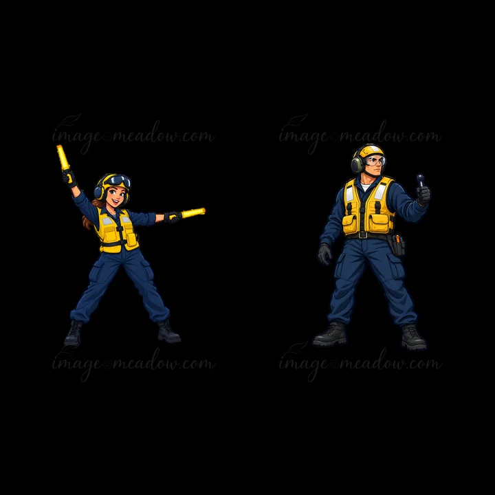 Two cartoon characters in flight suits work on an aircraft carrier. A woman gestures with wands while a man holds a signal light. They wear helmets and safety g