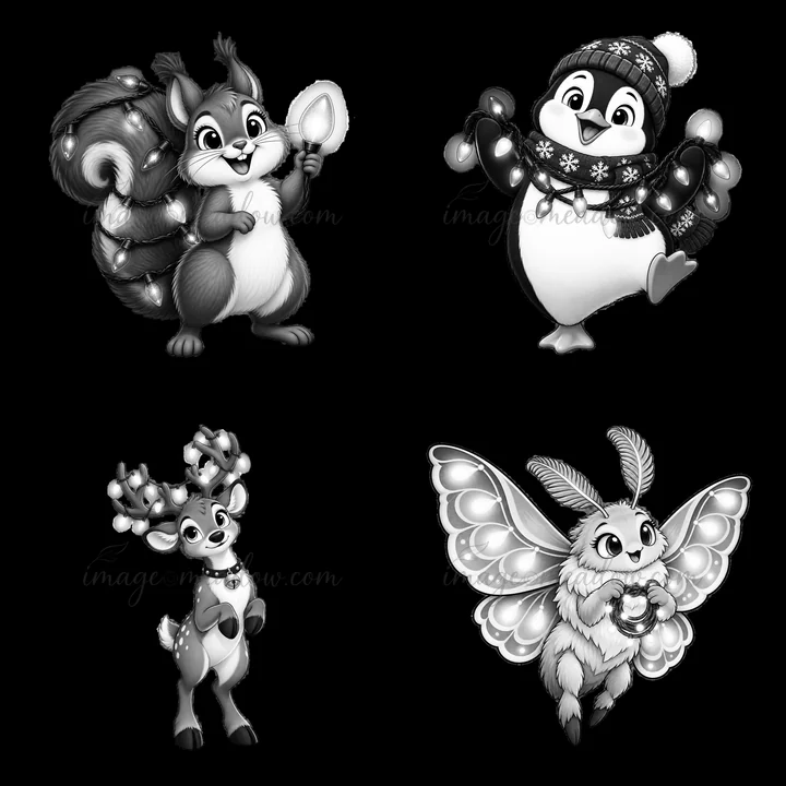 Four cartoon animals are shown in a grid. A squirrel holds a light, a penguin wears a hat and holds string lights, a reindeer has antlers and a collar, and a bu