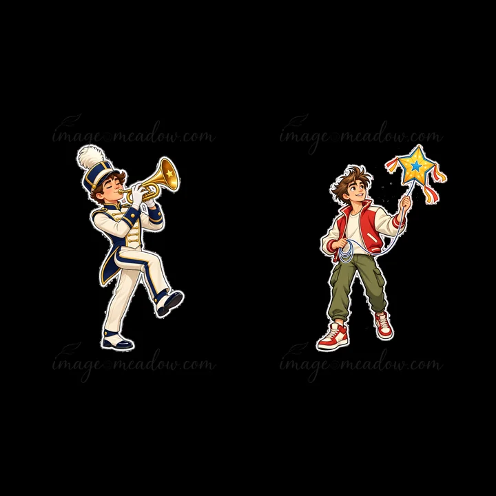 A young boy in a white and blue uniform plays a trumpet. Next to him, another boy holds a star-tipped magic wand with colorful ribbons. Both boys display excite