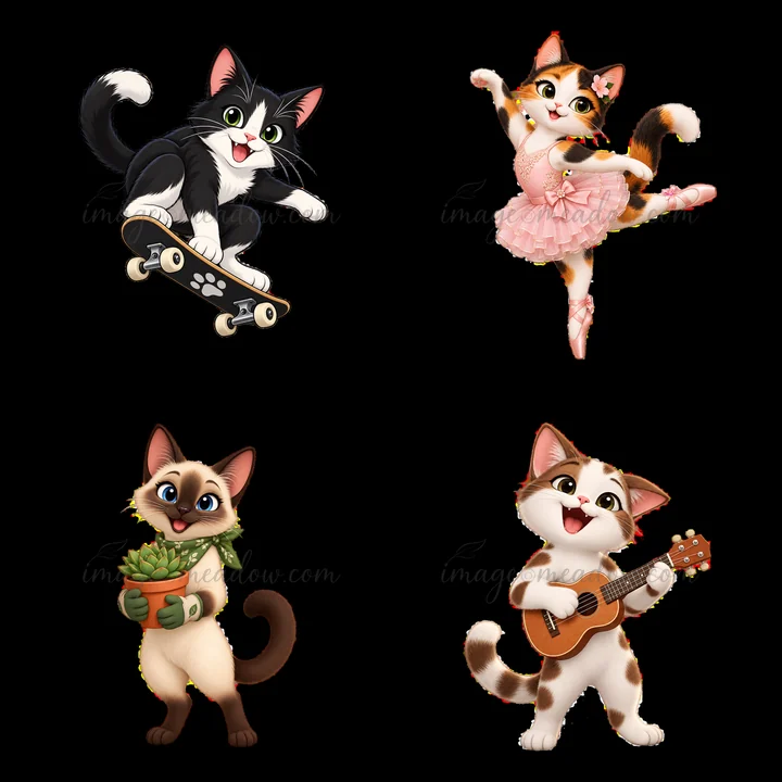 Four cartoon cats are shown in a 2x2 layout. One cat skateboards, another dances in a tutu, a third holds a plant, and the fourth plays guitar. Each cat has a u