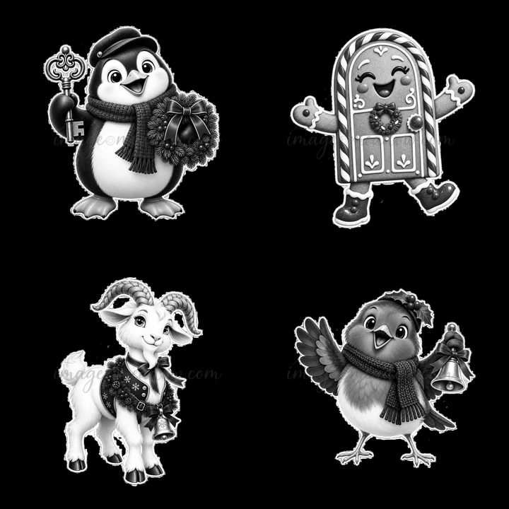 Four cartoon characters appear in a festive arrangement. A penguin holds a key and a wreath, a gingerbread door has a cheerful face, a goat wears a bell, and a