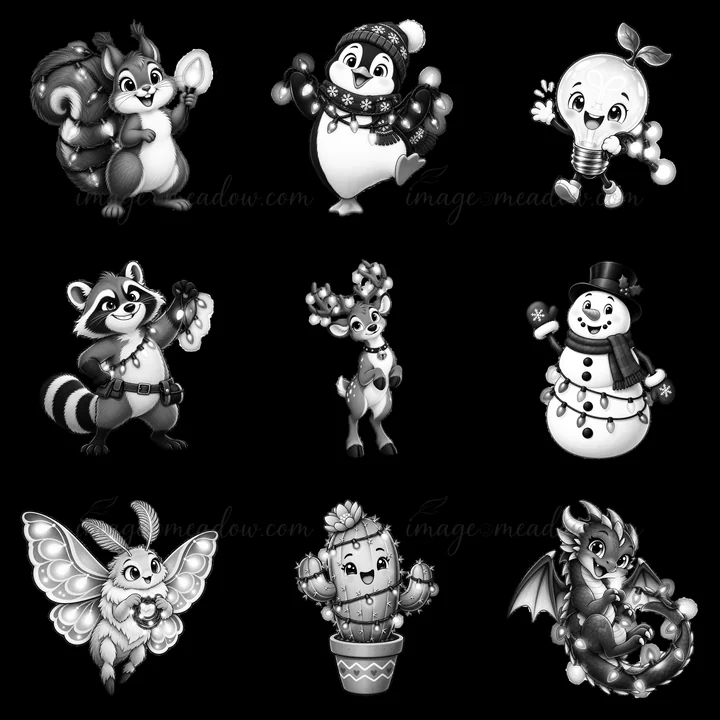 Nine cartoon characters interact with string lights in a fun setting. The characters include a squirrel, penguin, raccoon, reindeer, snowman, and others. Each c