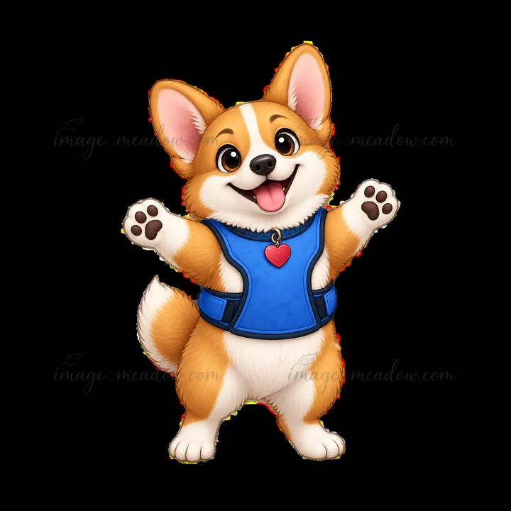A cheerful corgi dog stands with its paws raised, wearing a blue vest. Its tongue is out, and it has a joyful expression. The dog has a tan and white coat, show