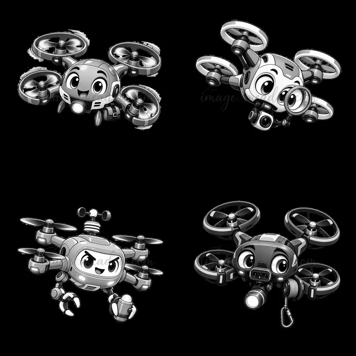 Four cartoon drones display different expressions and features. Each drone has unique accessories and varying designs. This artwork is suitable for creative pro