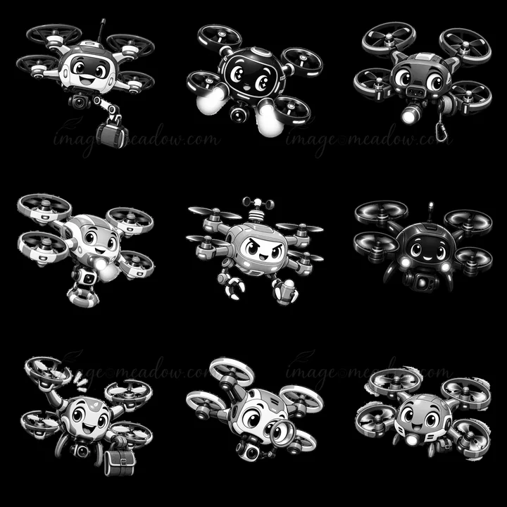 Nine cartoon-style drone characters are arranged in a grid. Each drone has unique features and accessories, showcasing different expressions and actions related