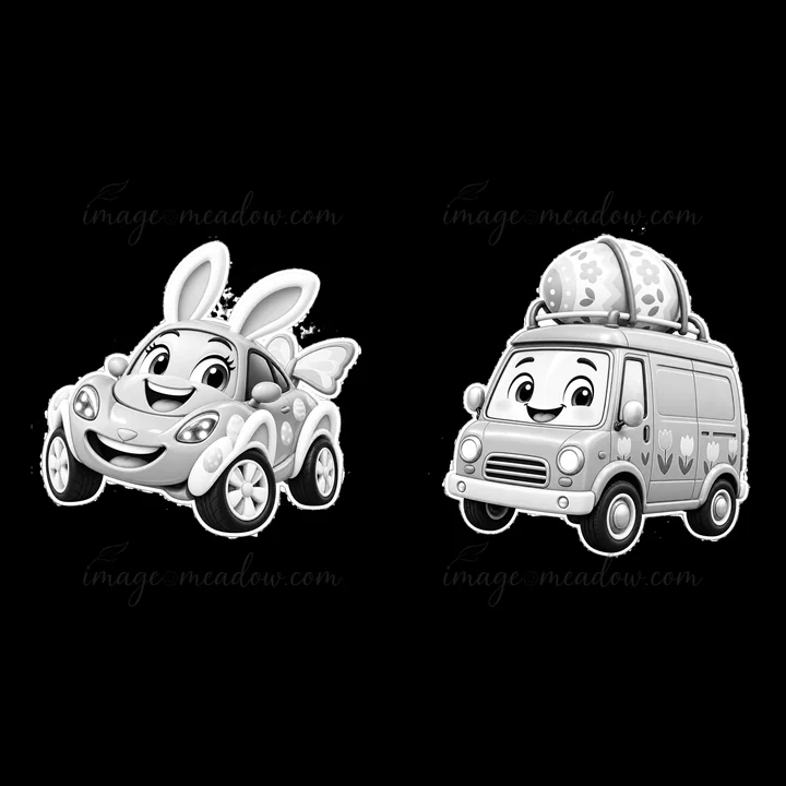 Two cartoon vehicles designed for Easter. A small car features bunny ears and a tail. The van displays a large decorated egg on top, adding to the festive theme