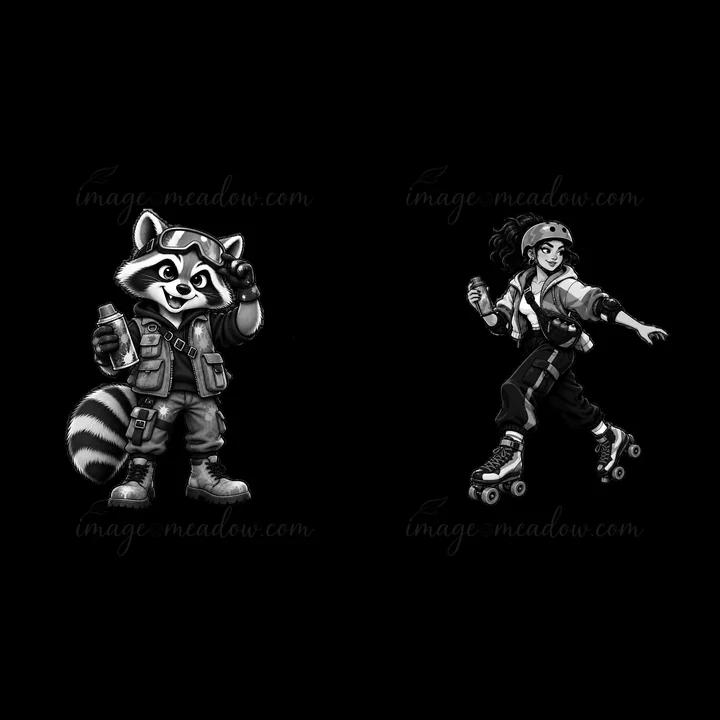 A raccoon in a pilot outfit holds a spray can, saluting. Next to it, a girl on roller skates holds a spray can, looking energetic. Both characters are outlined