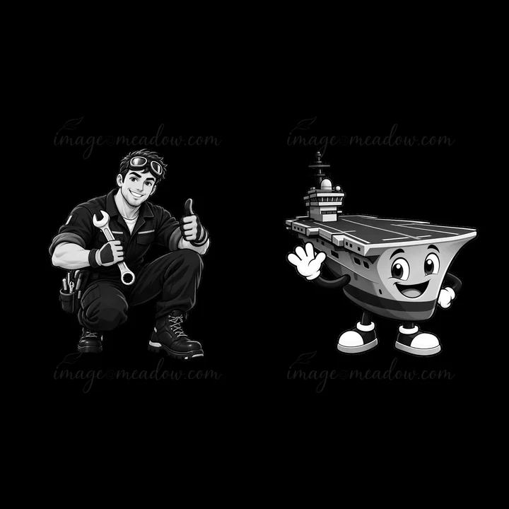 A cartoon mechanic gives a thumbs up while squatting next to a cheerful aircraft carrier character. Both characters are drawn in monochrome style. This design f