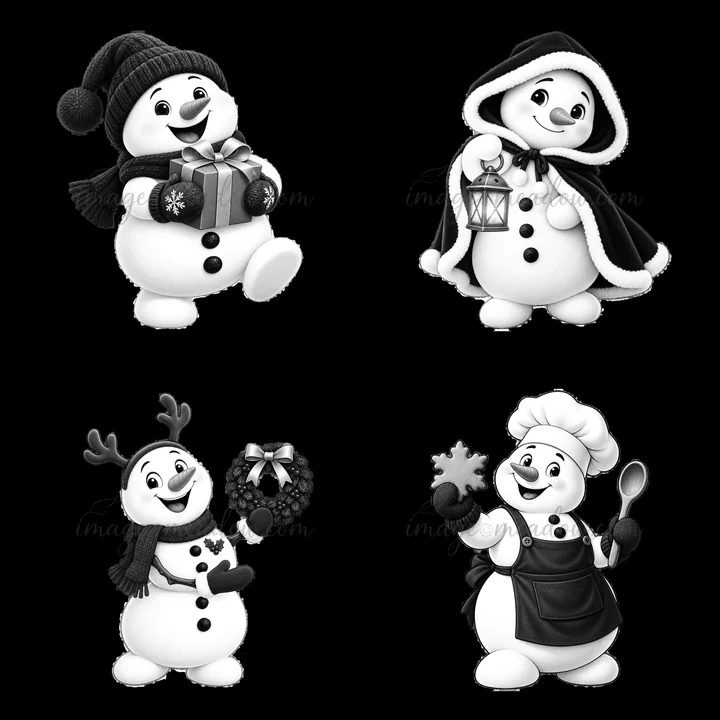 Four cartoon snowmen display different holiday activities. One carries a gift, another holds a lantern, one has reindeer antlers and a wreath, while the last we