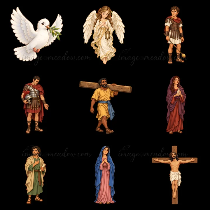 This illustration features nine cartoon stickers of biblical figures. In the center, Jesus hangs on the cross. Surrounding him are angels, soldiers, and followe