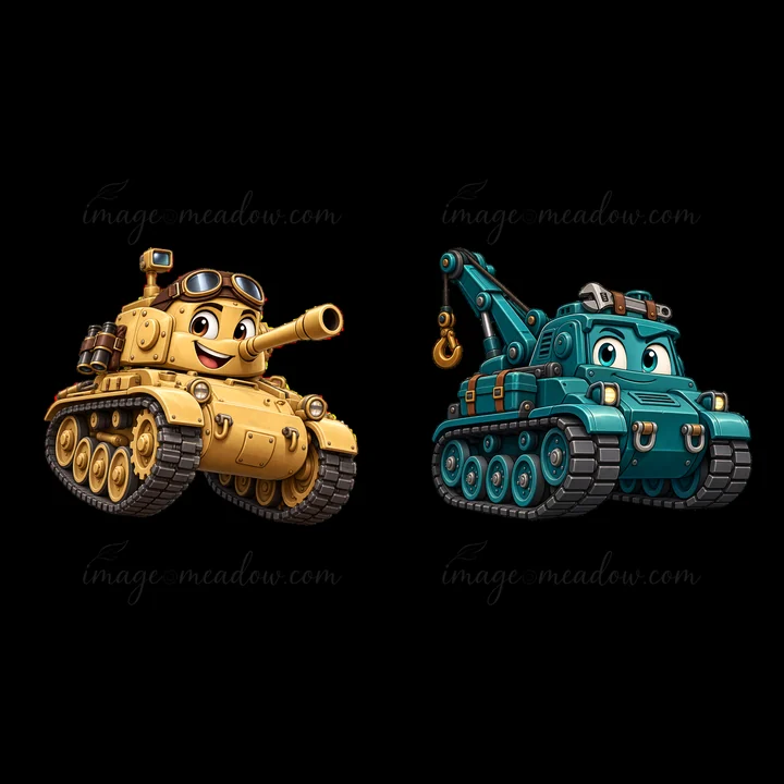Two cartoon tanks are displayed, one yellow with goggles and a cannon, and the other teal with a crane. Both tanks have cheerful expressions and vibrant feature