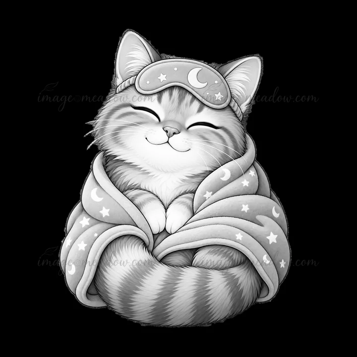 A cat sits comfortably, wearing a sleep mask and wrapped snugly in a blanket decorated with stars. The cat has a content expression, showcasing a peaceful momen