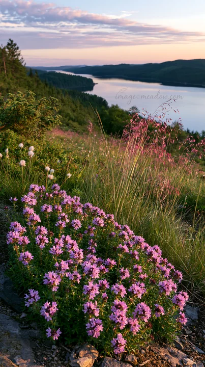 Wildflowers grow along the shore of a lake surrounded by hills. The sun sets, casting warm colors over the landscape. Green grass and plants create a natural fr
