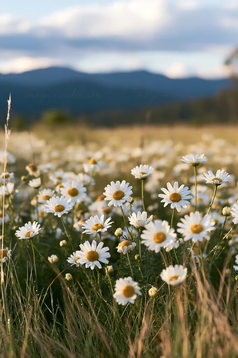 A field filled with blooming chamomile flowers stretches under the sky. The sunlight highlights the flowers against distant mountains and a clear horizon.