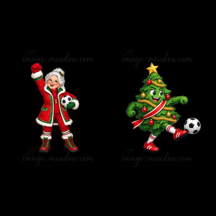 A smiling character in a red Christmas outfit holds a soccer ball while raising a hand in celebration. Beside her is a green Christmas tree mascot kicking a soc