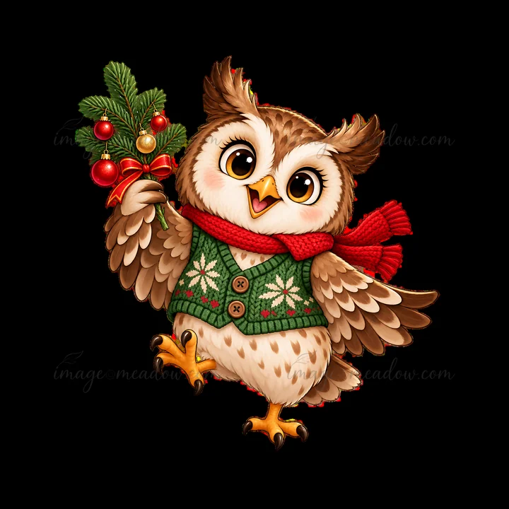 A cartoon owl wears a green sweater with snowflakes and a red scarf. It holds a small pine branch with Christmas ornaments. The owl is cheerful and looks ready for the holiday season.