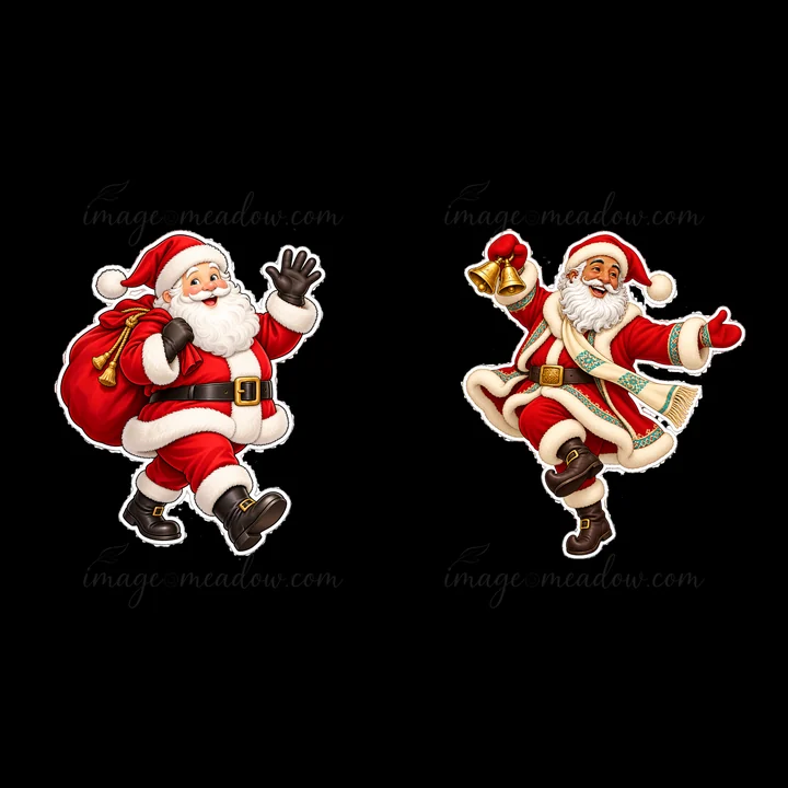 Two Santa Claus figures are celebrating joyfully. One Santa waves while holding a large sack of presents. The other Santa is dancing and ringing a bell. Both we