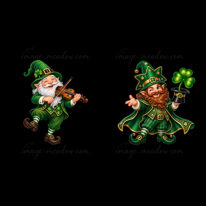 Two St. Patrick's Day gnomes are enjoying the celebration. One gnome plays the violin while wearing green clothing. The other gnome holds a pot with a clover an