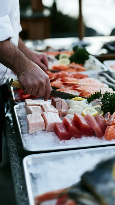 Chef arranges sliced sashimi on ice-filled trays with lemon and parsley at a seafood display.