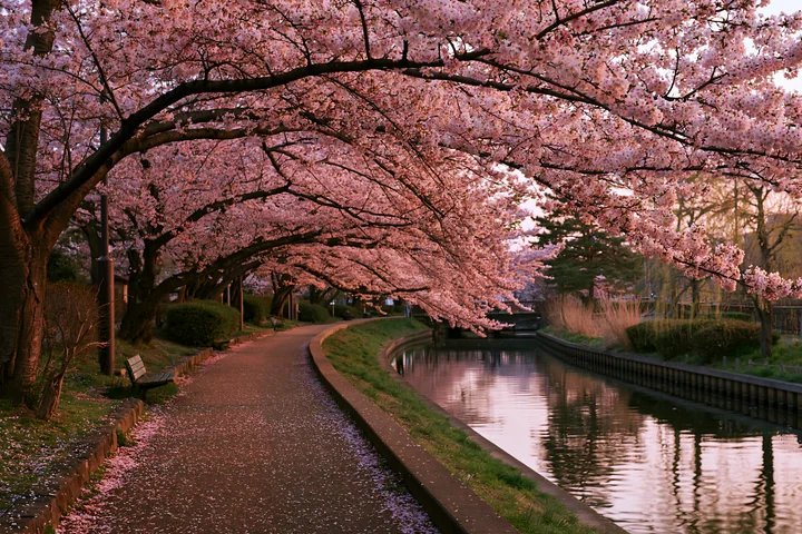 Cherry blossom tunnel in Japan creates a beautiful path beside a calm canal.