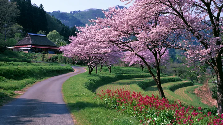 Cherry trees bloom beside a winding rural road near a thatched-roof house in a Japanese mountain village.