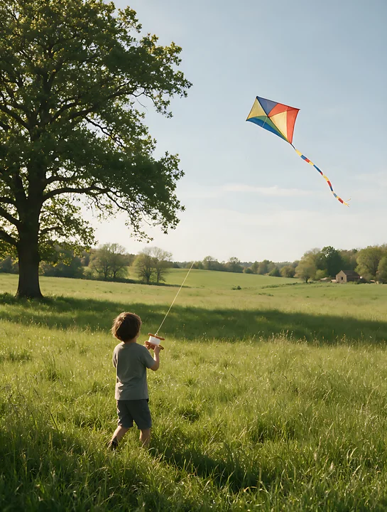 Child flying a colorful kite in a sunlit meadow beneath a large oak tree.