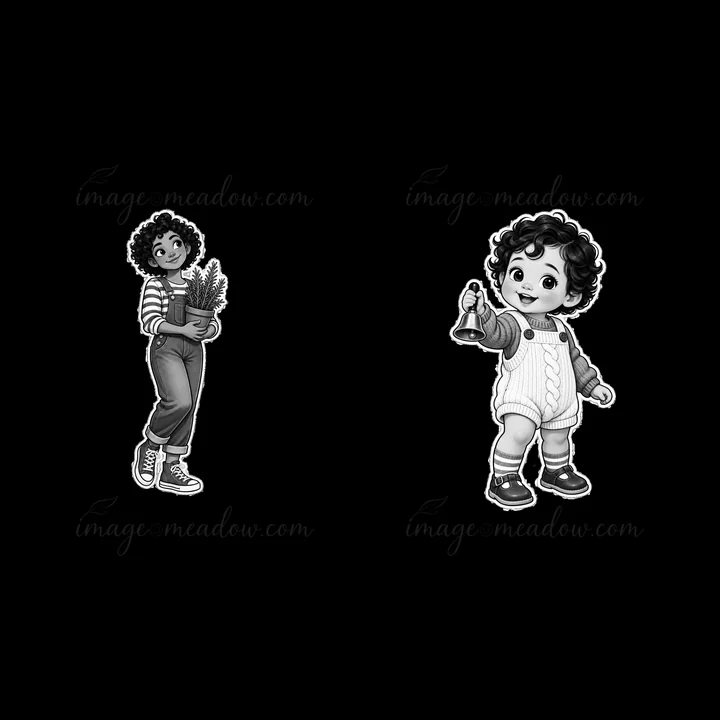 Two cartoon children are portrayed in black and white. One child holds a plant in a pot, while the other child rings a bell. The illustration captures a playful