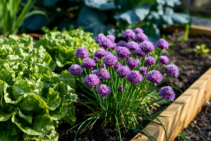 Chive flowers in herb bed bloom alongside green lettuce in a garden setting.
