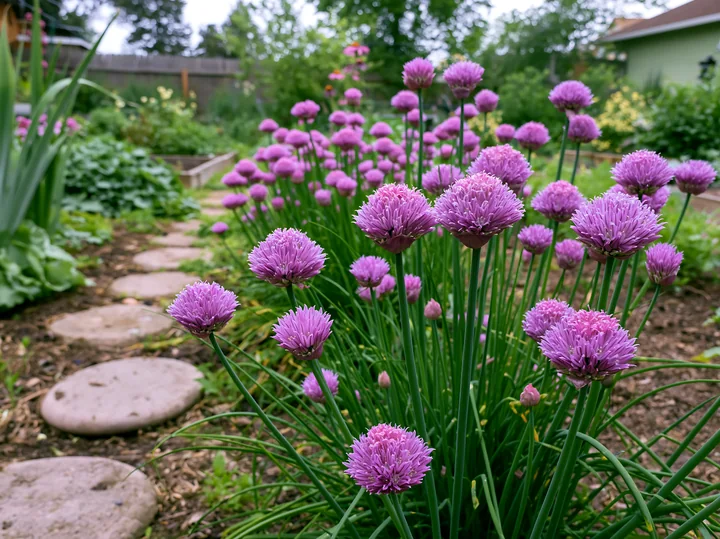 Chive flowers in herb bed grow alongside a stone path in a garden setting.