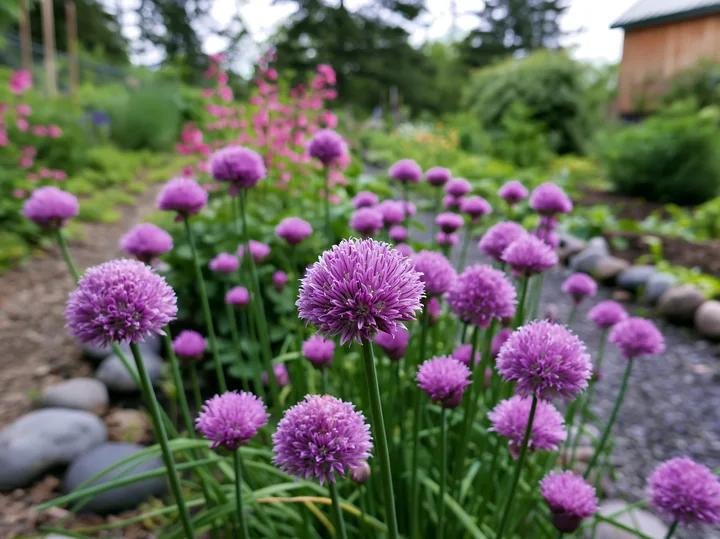 Chive flowers in herb bed stand out with purple blooms, surrounded by greenery.
