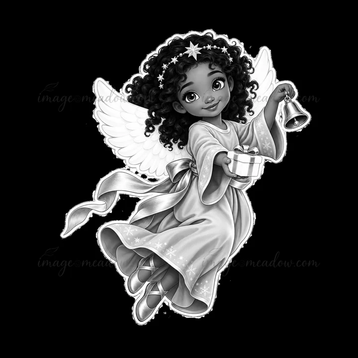 A figure of the Christ Child with curly hair and angel wings is flying. She holds a bell in one hand and a gift in the other. The illustration is done in monoch