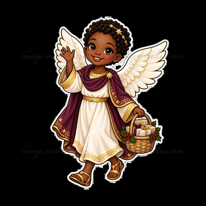 This cartoon illustration shows the Christ Child, a traditional European gift-bringer, smiling and waving. He wears a white robe with a purple cape and has curl