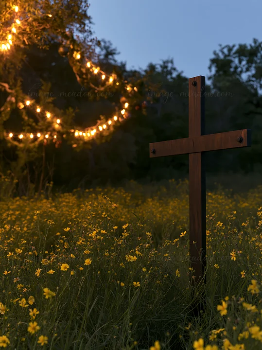 A wooden cross stands in a meadow filled with yellow wildflowers. Soft lights hang from nearby trees as evening settles in, creating a serene atmosphere in this