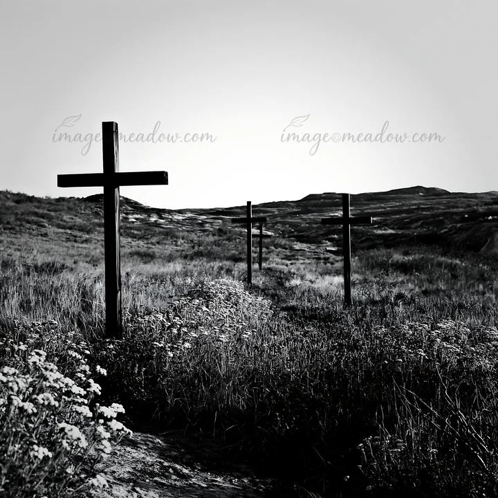 Three wooden crosses stand in a meadow near a mineral spring. The landscape features rolling hills and wildflowers. The setting creates a sense of place for ref