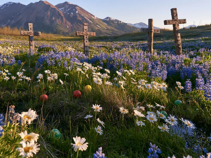 Four Christian crosses stand in a meadow filled with colorful flowers, including daisies and bluebells. The scene is set against a backdrop of mountains during