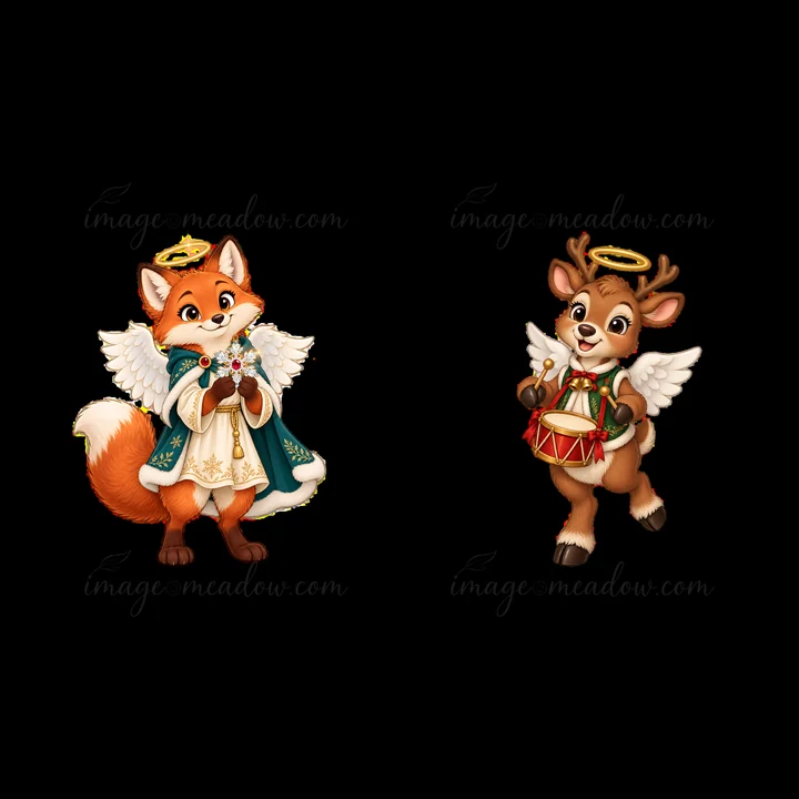 A cartoon fox dressed as an angel holds a sprig of holly. Beside it, a cartoon reindeer plays a drum while wearing angel wings and a halo. Both characters have