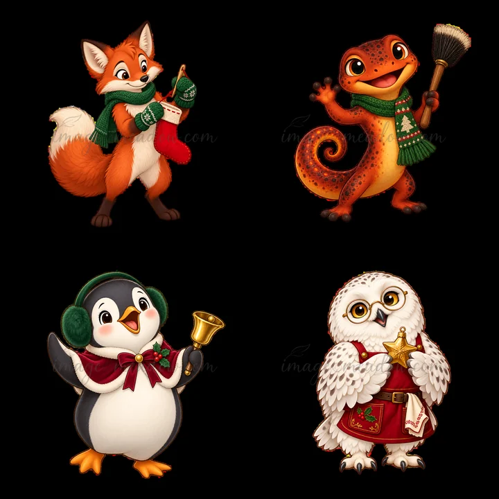Four cartoon animals celebrate the Christmas season. A fox holds a stocking, a gecko waves with a broom, a penguin rings a bell, and an owl displays a star. The