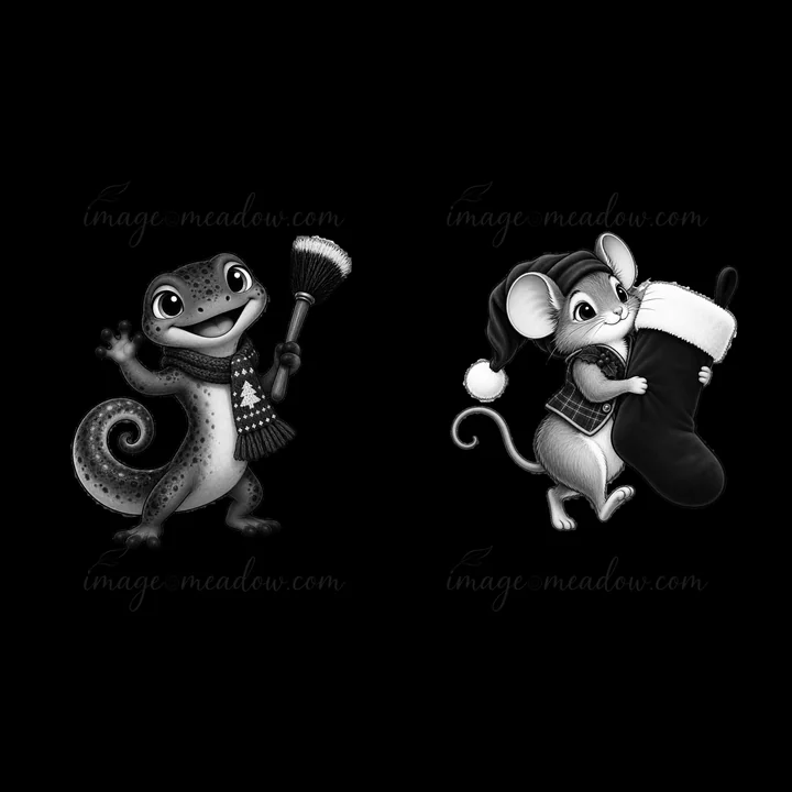 A gecko holds a broom while wearing a scarf and a mouse carries a Christmas stocking. Both characters are designed in black and white, capturing a festive spiri