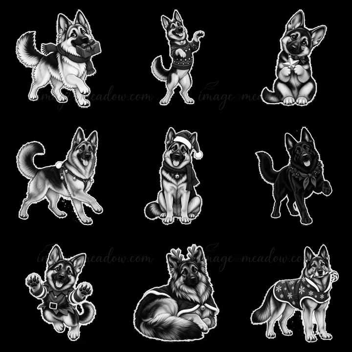 Nine cartoon stickers show German Shepherds in various poses with Christmas props. The dogs wear festive outfits and accessories while showcasing playful and ch