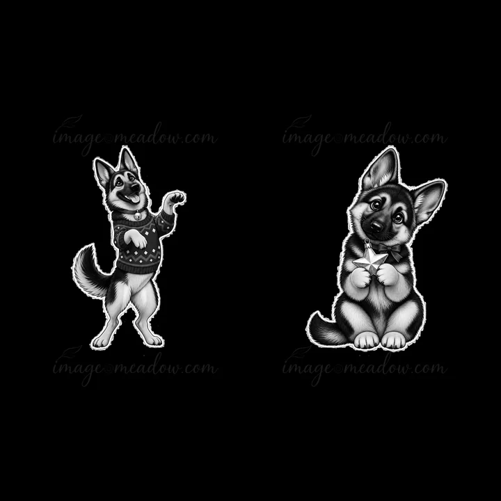 Two cartoon German Shepherds are depicted in a playful holiday spirit. One dog is wearing a sweater and standing on its hind legs, while the other is sitting an