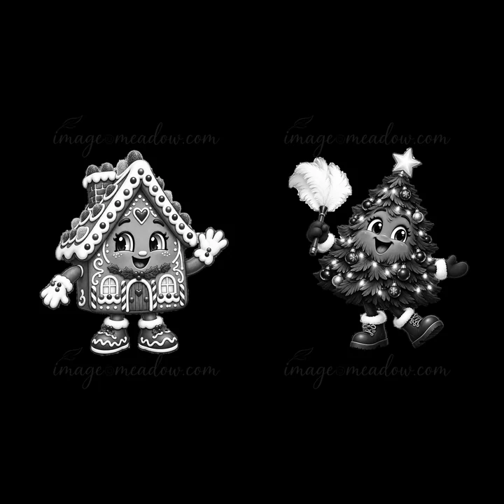 A cartoon sticker set featuring a gingerbread house on the left waving hello and a cheerful decorated tree on the right holding a feather duster, both in black