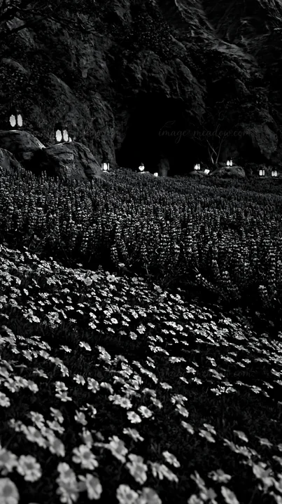 Lanterns light up a meadow filled with flowers as night falls by a cave. The scene captures a peaceful moment with the glow of the lanterns creating a warm atmo