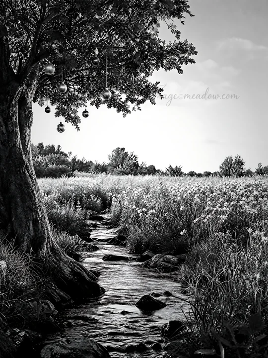 Christmas ornaments dangle from a tree above a flowing stream in a meadow. The landscape shows tall grass and a clear sky. This setting captures a festive atmos